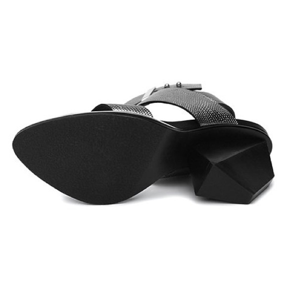 Gunmetal Triple Strap Geometric Block Heels - Picture 4 of 6